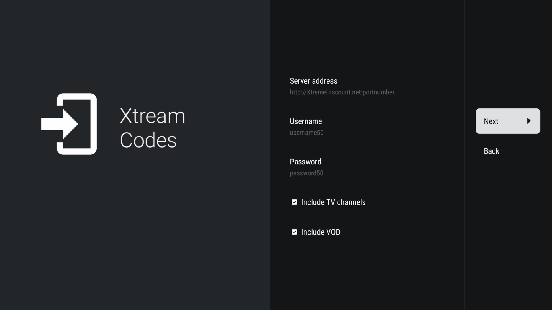 Xtream Codes credentials filled in for Xtreme HD IPTV